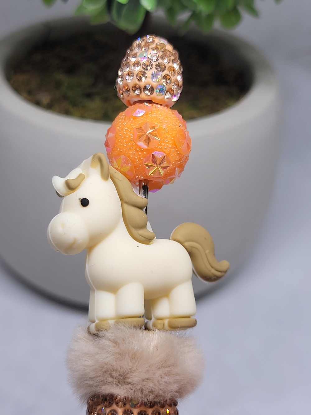 Horse Pom Pen with Orange Beads